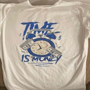 White Long Sleeve Shirt with Blue Clock Graphic